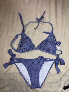 Rhinestone Denim Look Bikini Set Blue Sparkle Triangle Tie Side Festival Swim
